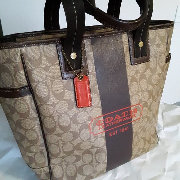 Coach Handbags - Coach Heritage Stripe Leather Tote with Red Logo